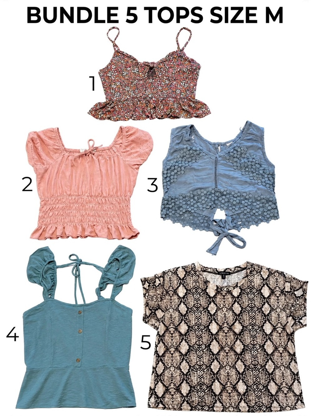 Bundle of 5 Tops Size M-Patrons of Peace, Stunna, Animal Print, Boho Cottagecore